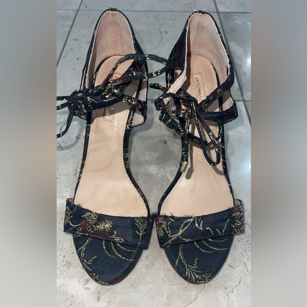 Antonio Melani navy blue and Gold Embroidered Heels